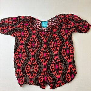 Escapada Blouse Womens Small Pink Brown Boho Sheer Beaded Tassel Peasant Top